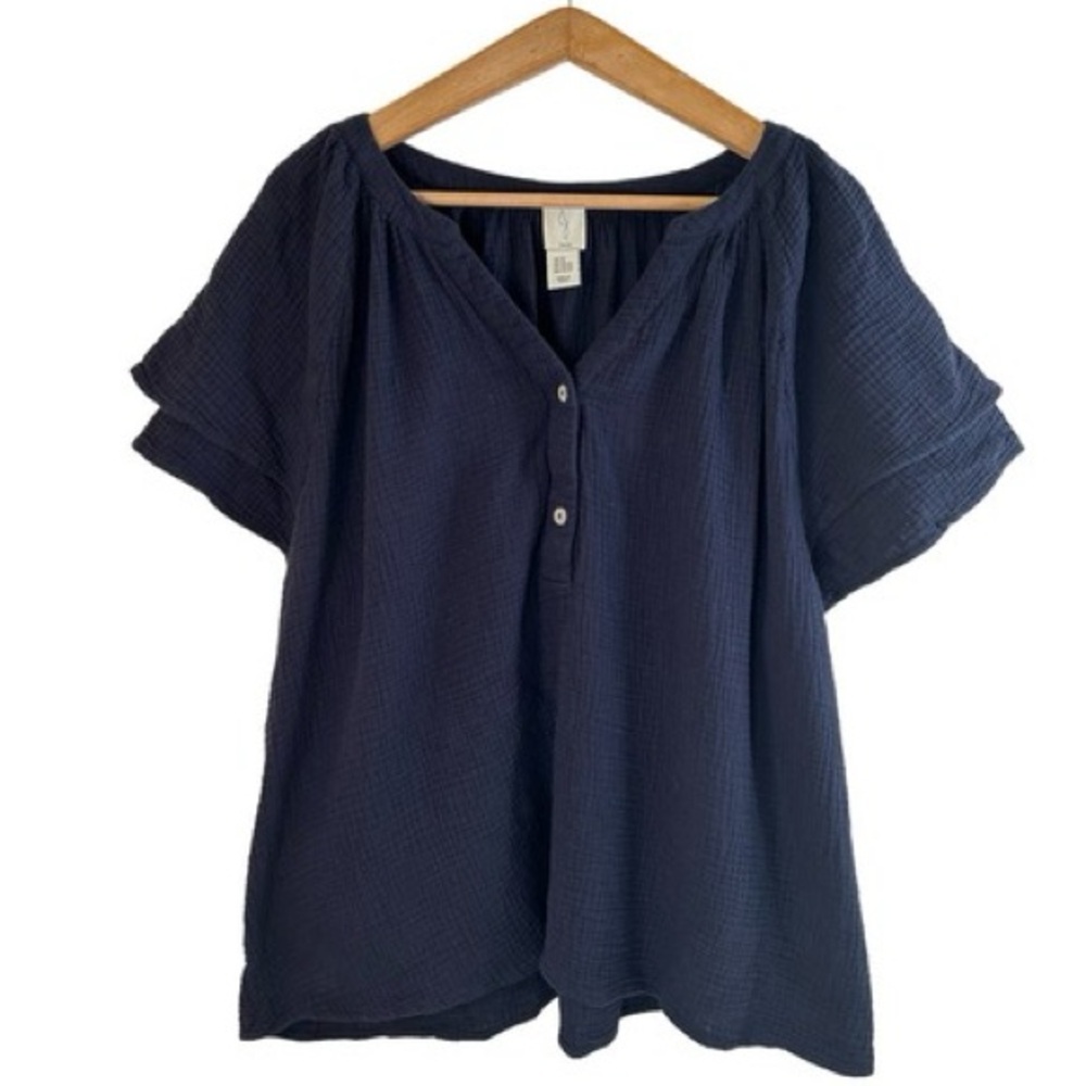 Joie Navy blue 100% cotton gauze top with flutter sleeves 1x plus size lagenlook